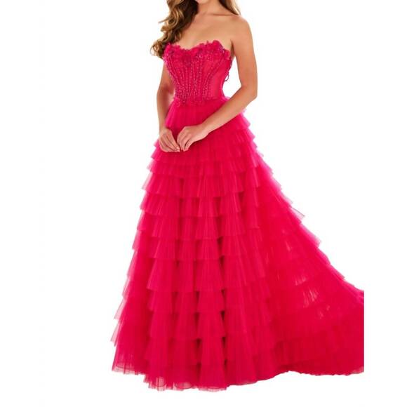 ELLIE WILDE Dresses & Skirts - NEW ELLIE WILDE tiered ruffle gown with sheer corset bodice in magenta